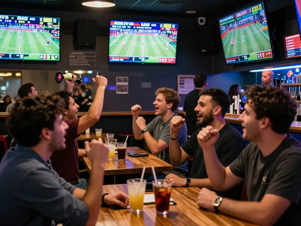 FC88 sports betting environment with fans celebrating and live game displays