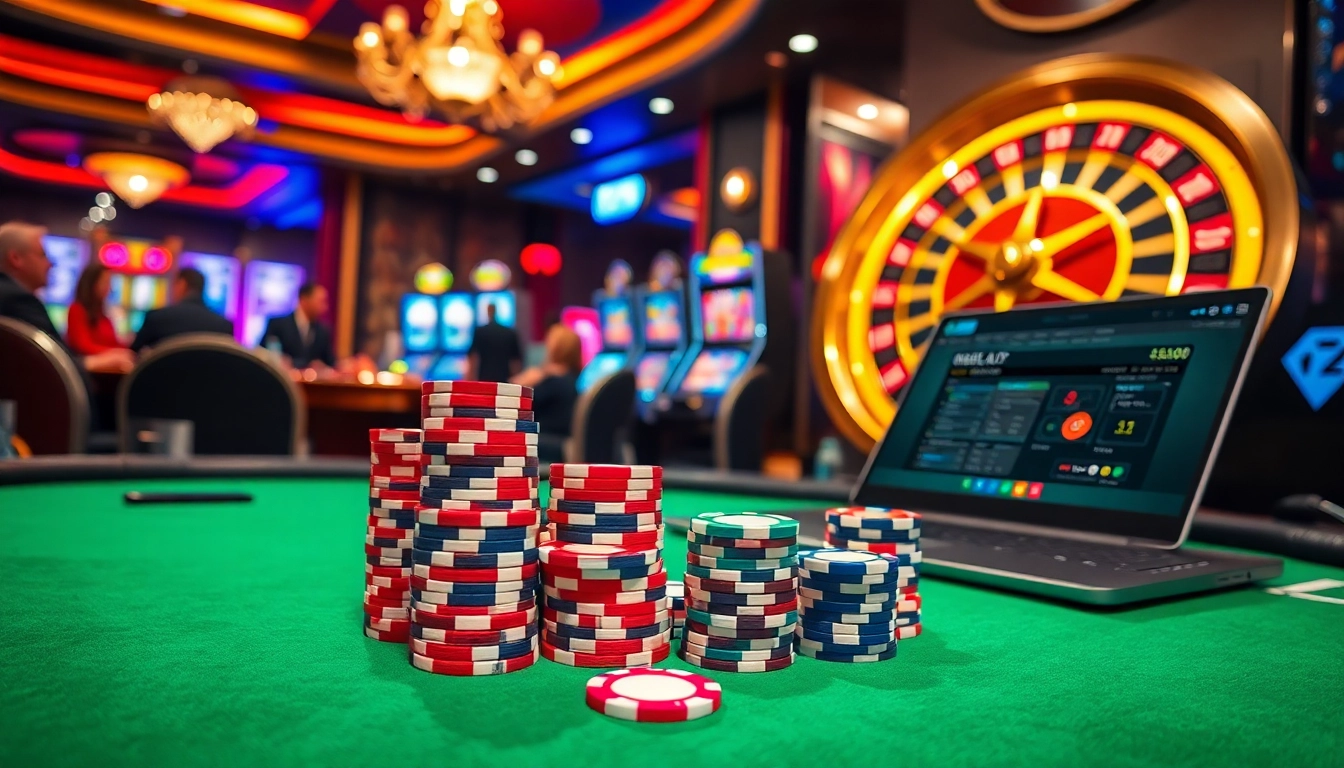 Engaging scene of players enjoying a casino atmosphere at https://78winn.co/ with poker chips, roulette wheel, and vibrant slot machines.
