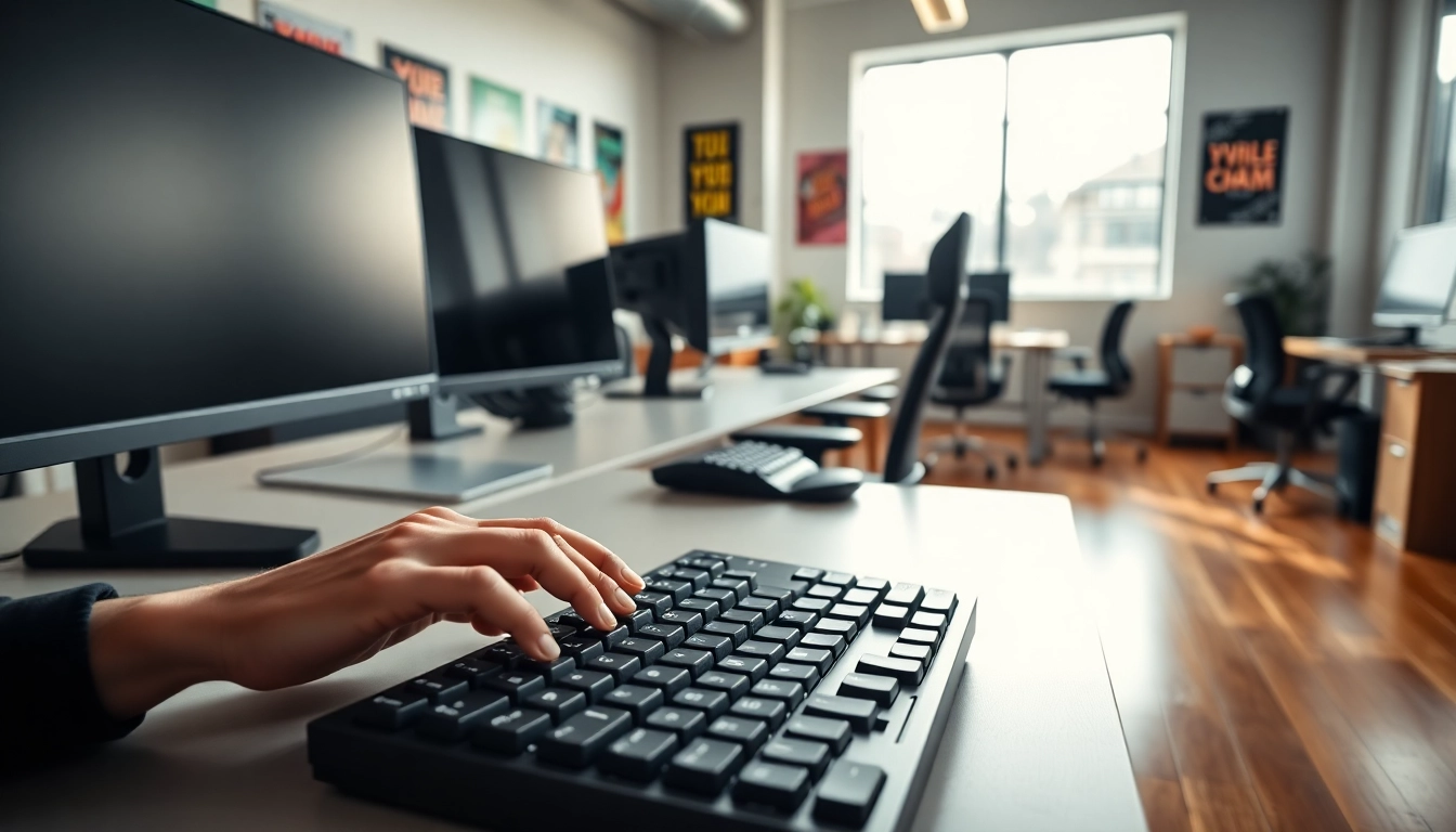 Engaged professional typing at a well-equipped typing center workspace.