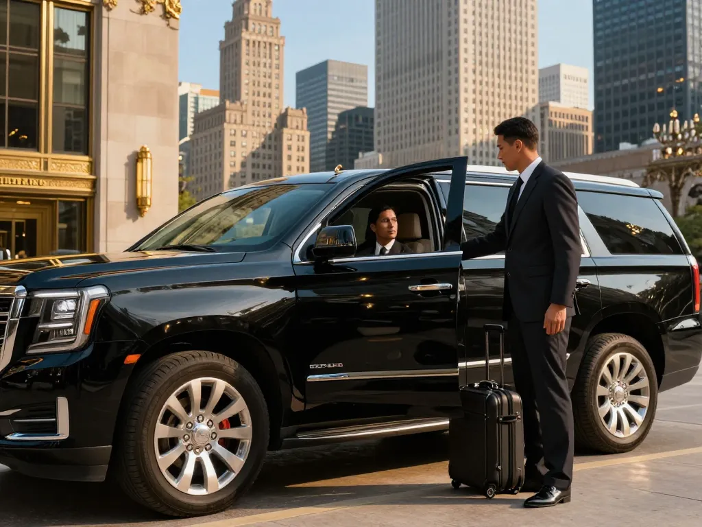 Experience premium black car service with a professional chauffeur and luxury GMC Yukon in Chicago's downtown.