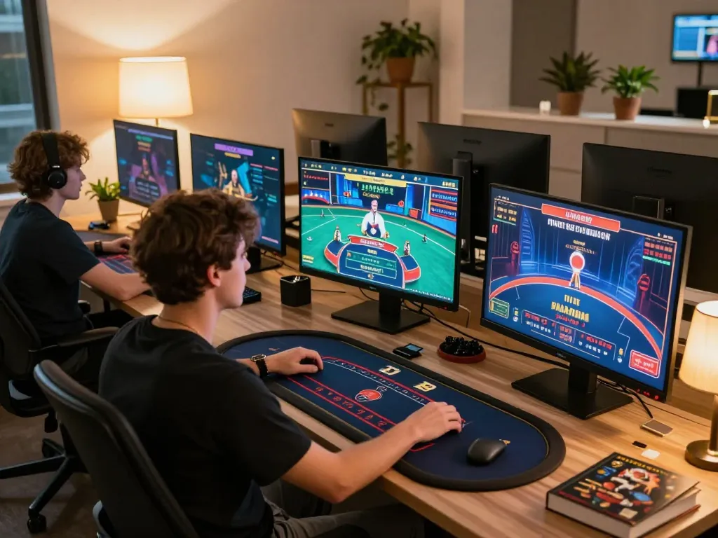 FC88 player engaging in online casino gaming at home with multiple screens and strategic notes