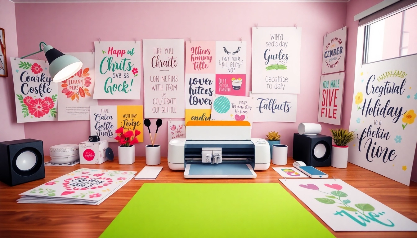 Explore an artistic workspace filled with design bundles SVG for crafting, showcasing colorful SVG cut files and a Cricut machine.