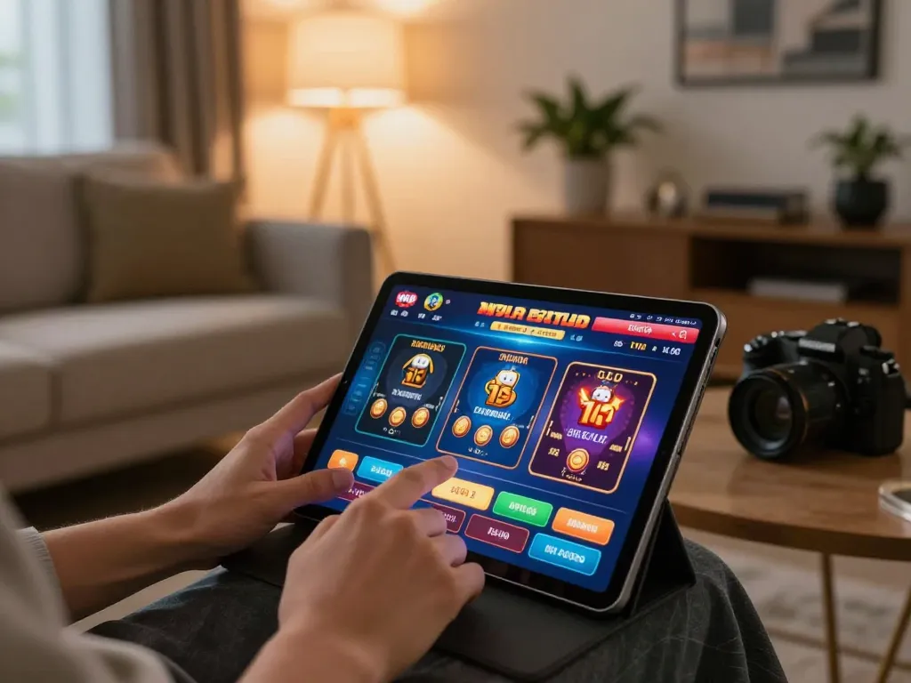 Engaged player enjoying a Man Club gaming session on a tablet in a cozy home setting