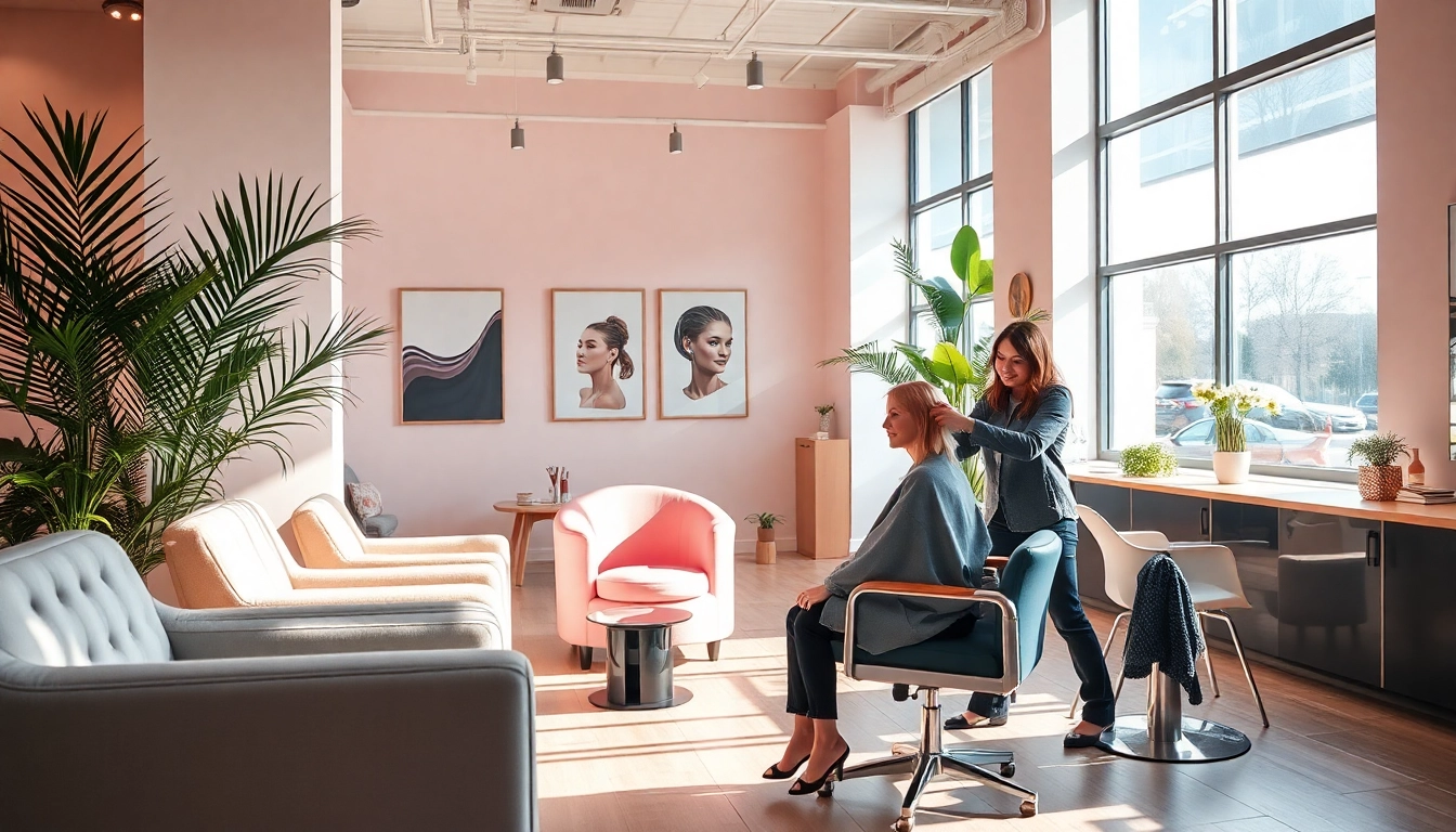 Beautiful salon de coiffure interior with a friendly stylist and a satisfied client.