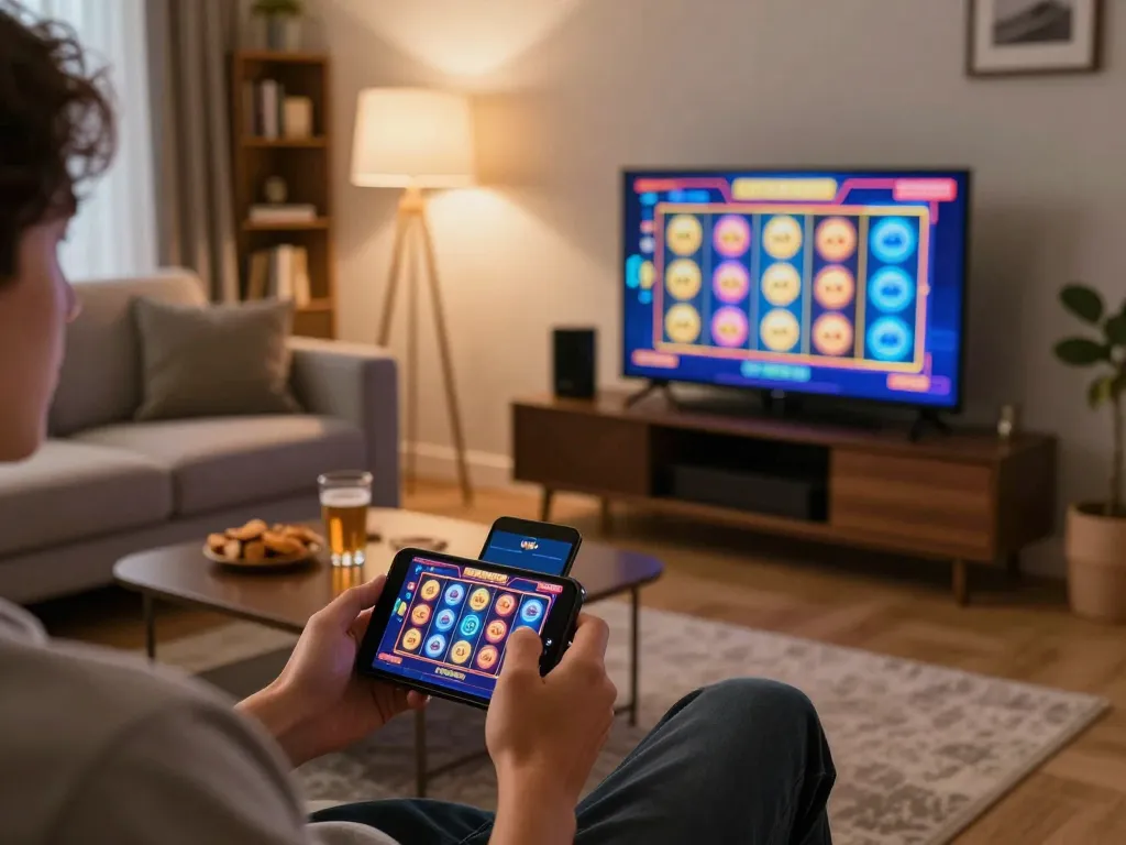 Player enjoying TG88 online slots on smartphone in cozy home setting with snacks and drinks.