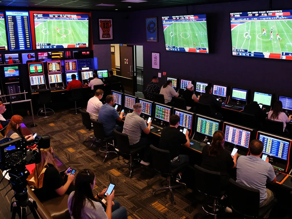 Engaged sports bettors analyzing odds at net88.de.com's premium sportsbook, showcasing an exciting betting atmosphere.