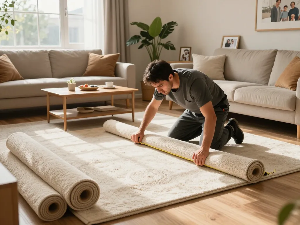 Home carpet fitting services in action with a professional installer measuring carpet in a sunlit living room.