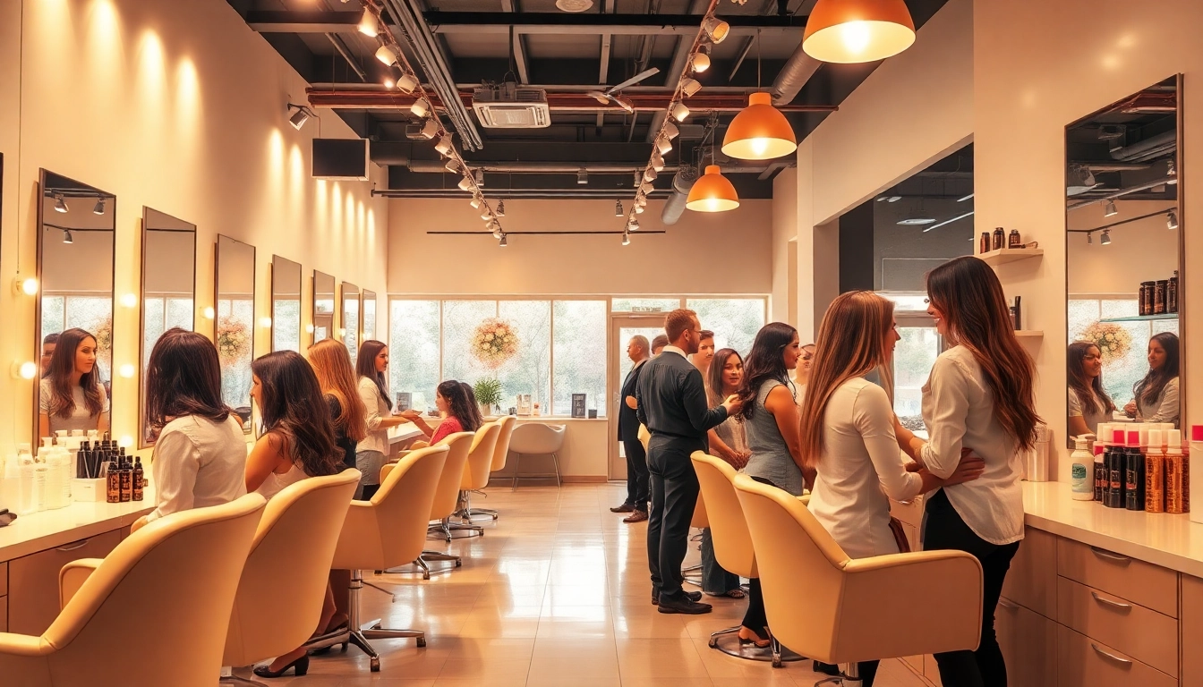 A welcoming interior of award-winning hair salons featuring diverse hairstylists and clients in action.
