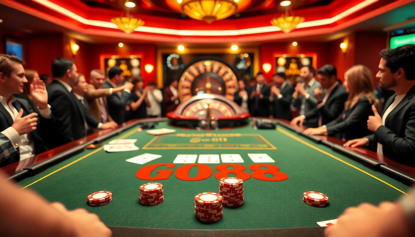 GO88 table action with players enjoying poker cards and chips in a vibrant casino scene