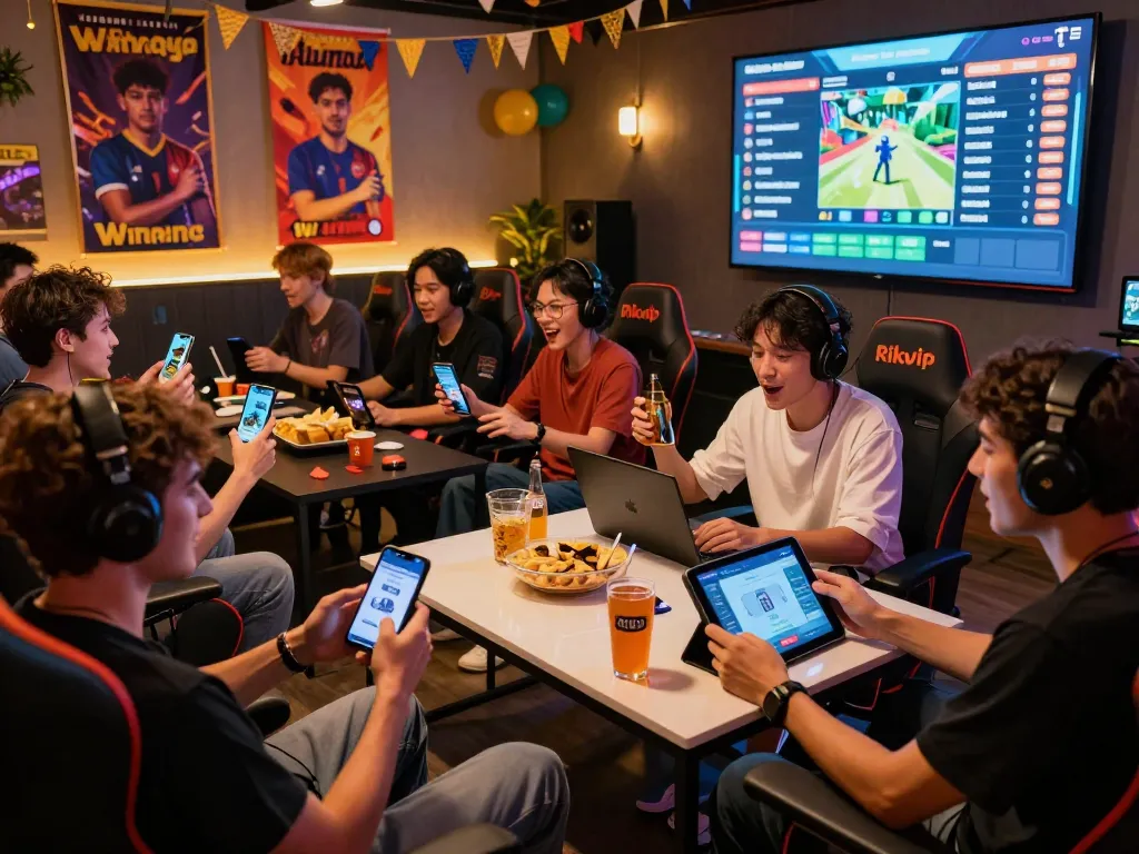 Excited gamers enjoying the Rikvip online gaming platform in a lively lounge setting with snacks and vibrant decorations.