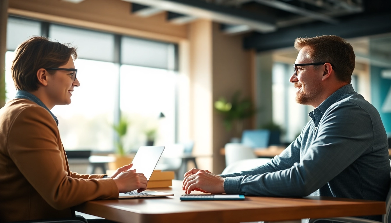 Career coaching session between a professional coach and client in a bright office.