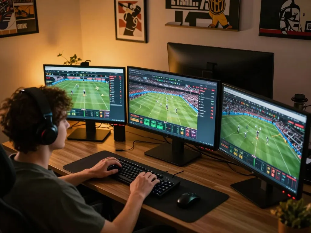 Engaged player strategizing for sports betting on link fly88's platform with multiple monitors.