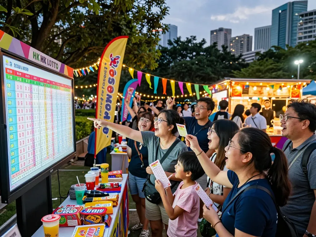 Kerumunan yang terlibat merayakan hasil HK Lotto di acara luar ruangan yang meriah.