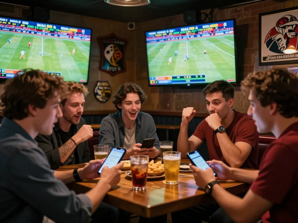 Tỷ lệ kèo nhà cái 5 displayed on screens while bettors celebrate their winning moments in a lively sports bar.