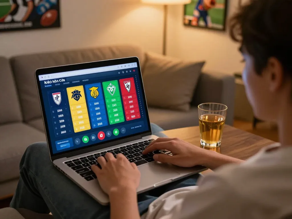 Engaging in kèo nhà cái from home, showing a sports betting interface on a laptop.