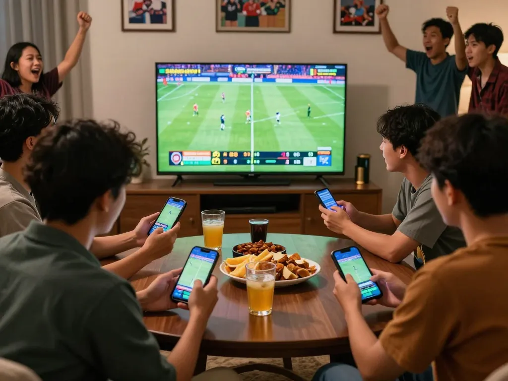 Teman-teman yang terlibat memasang taruhan pada Judi Bola selama pertandingan sepak bola langsung yang mendebarkan di rumah.