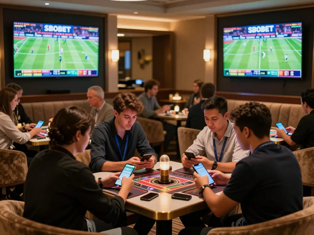 Lounge taruhan olahraga SBOBET dengan penjudi antusias yang terlibat di smartphone dan layar besar yang menampilkan pertandingan langsung.