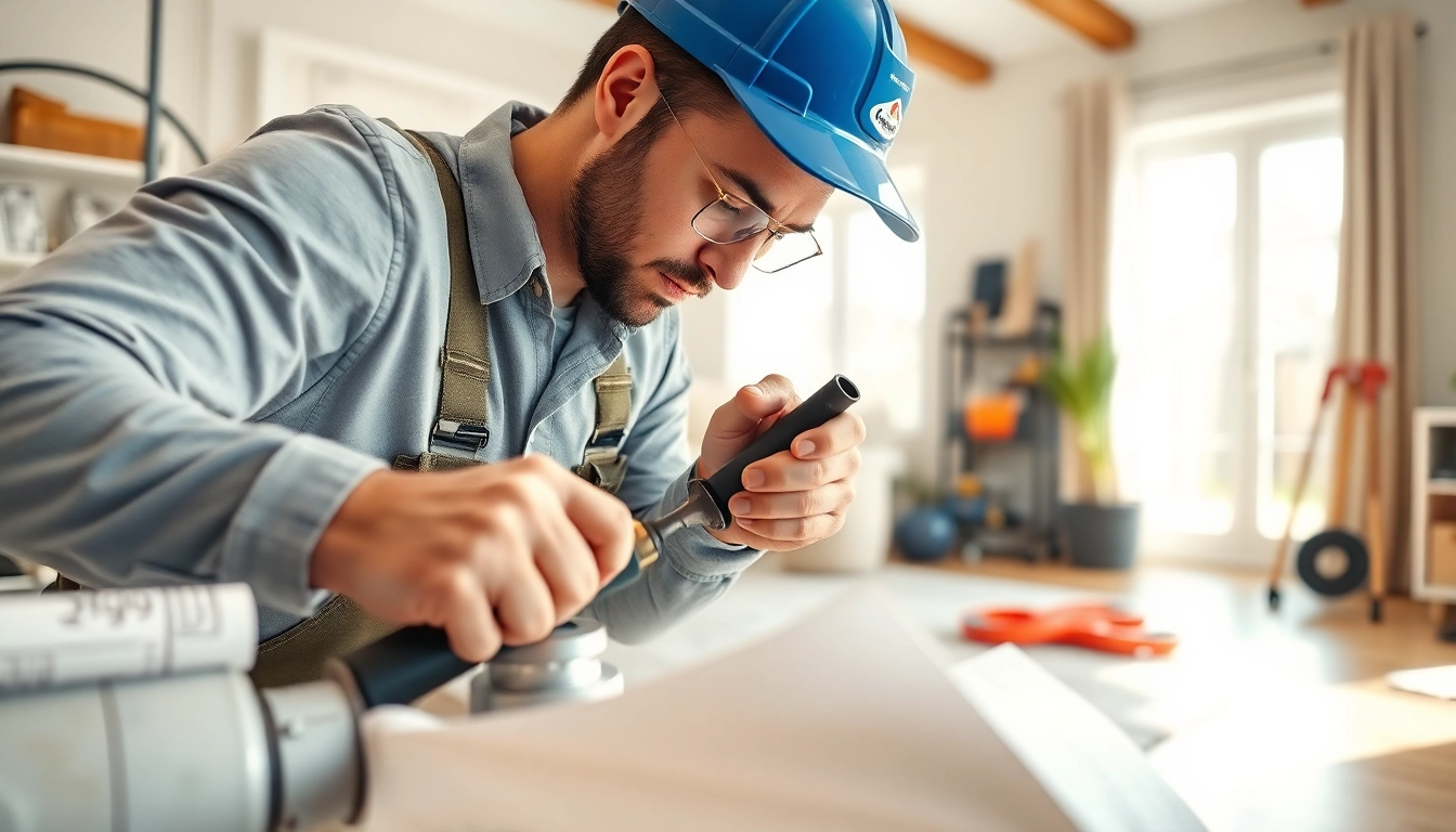 Plumber demonstrating whole house repiping services St Petersburg FL in action with tools in a bright living room.