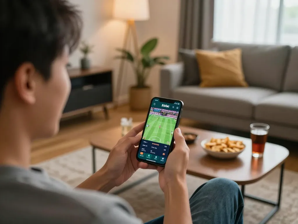 Xoilac user actively placing bets on an exciting sports event in a cozy home setting
