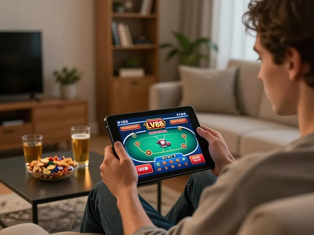 Engaging in LV88 online gaming with a tablet at home for an exciting gaming experience.