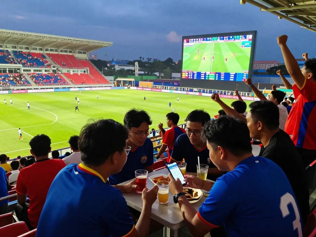 Exciting judi bola betting scene with fans cheering and analyzing match statistics during a football game.