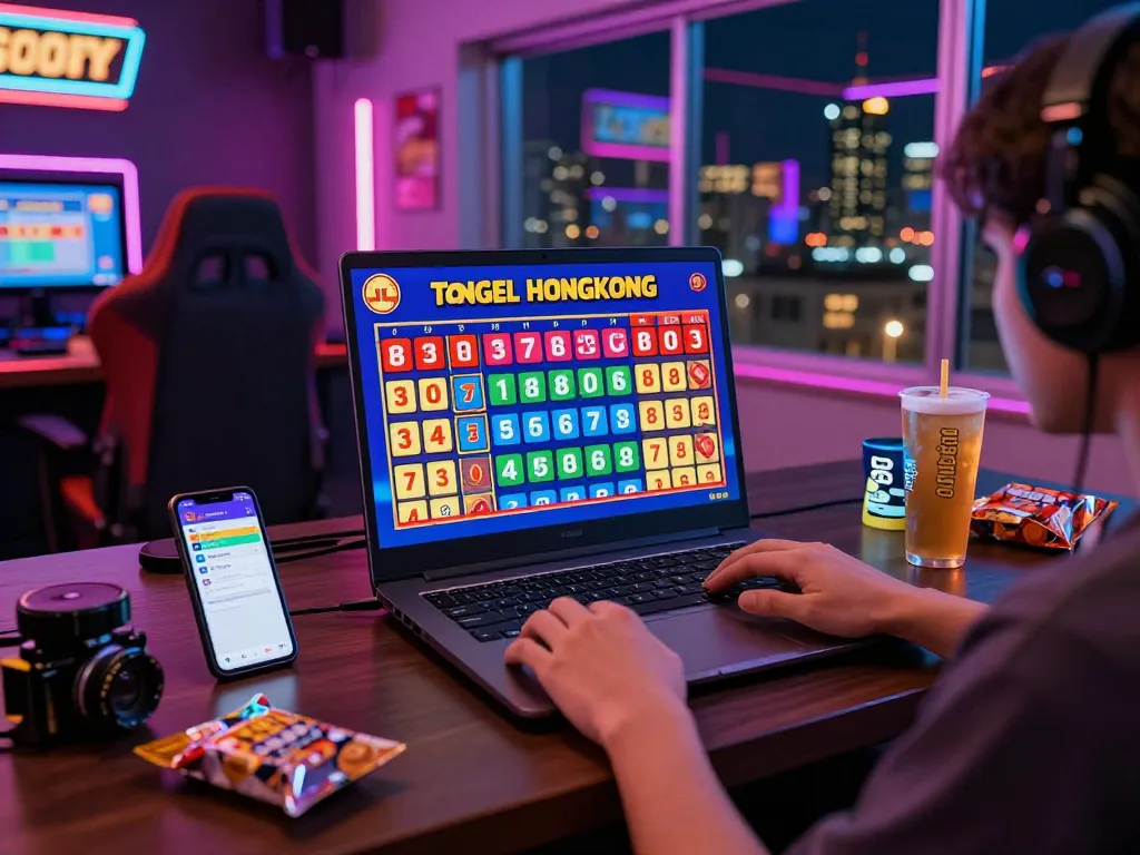 Suasana menarik menampilkan hasil HK Lotto di laptop sementara seorang gamer menikmati Togel Hongkong secara online.
