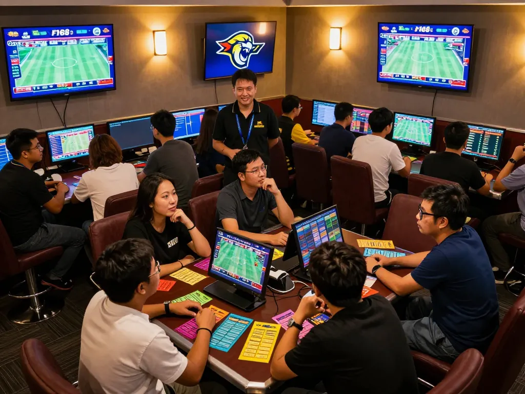 Engaged bettors celebrating at nhà cái F168's sports betting lounge, showcasing dynamic environment.