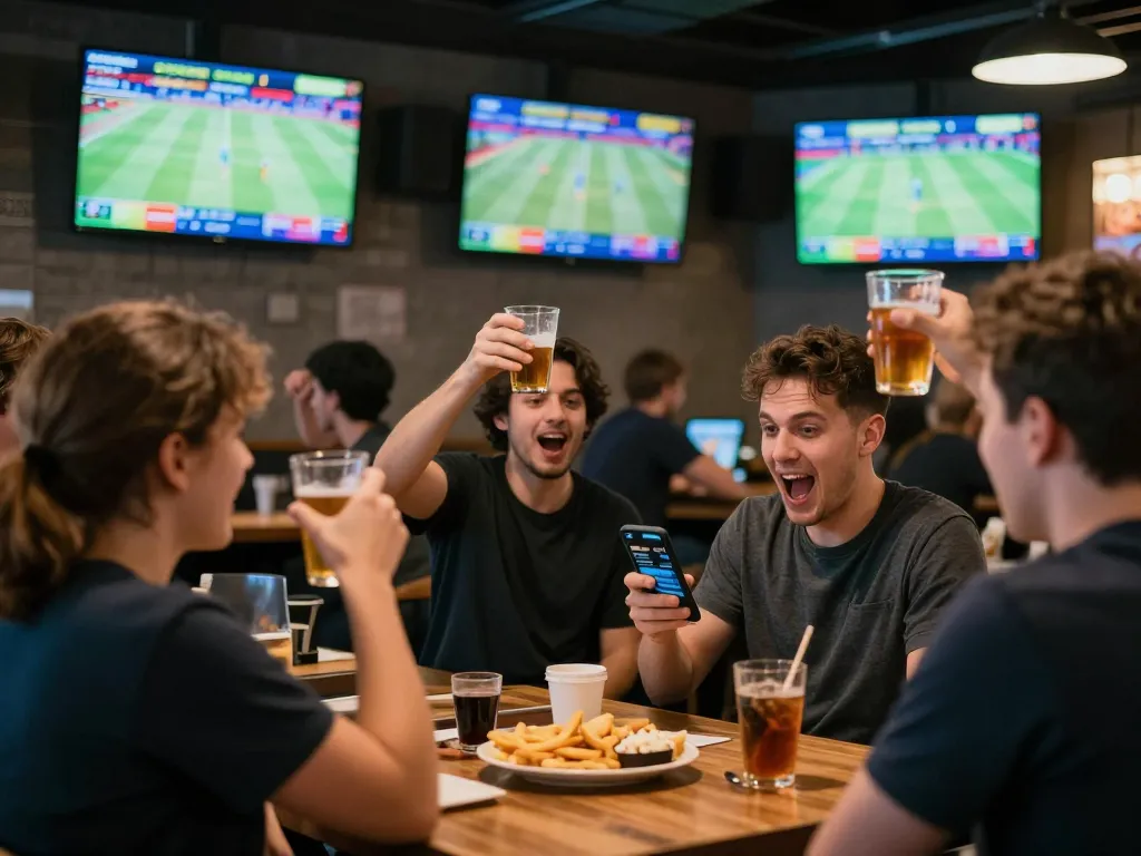 Engaged sports bettors watching live games at a bar, showcasing keo nha cai 5 betting strategies.