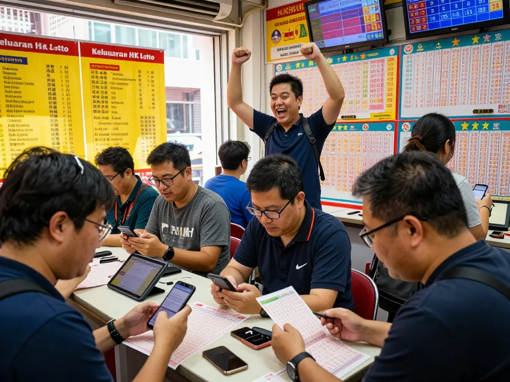 Pemain yang bersemangat merayakan hasil lotere HK dalam suasana booth yang hidup.