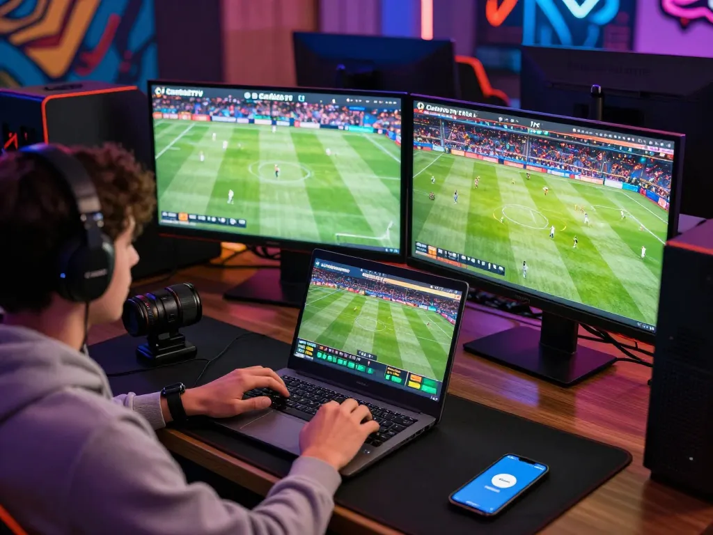 CakhiaTV sports betting enthusiast engaged with multiple gaming screens and betting interfaces.