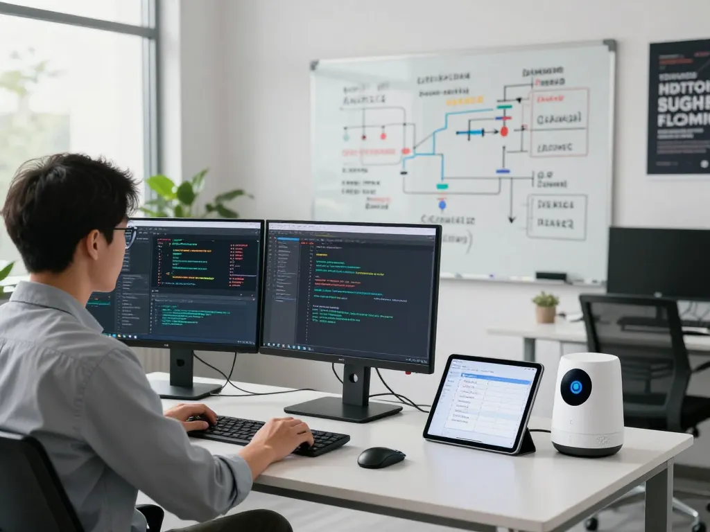 Automation specialist designing software systems in a modern office setting, showcasing coding and workflow optimization.