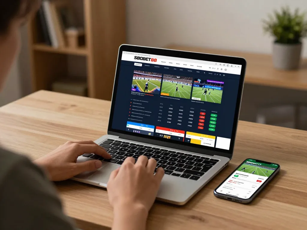 Pengaturan taruhan olahraga daring SBOBET88 dengan odds dan acara langsung di layar laptop.
