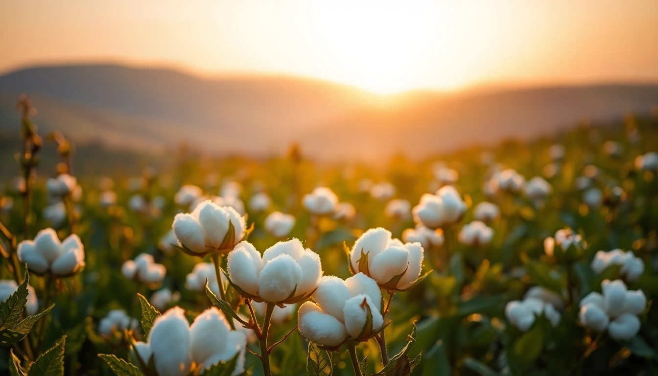 Cotton plant with dew drops reflecting sunlight in a vibrant field.