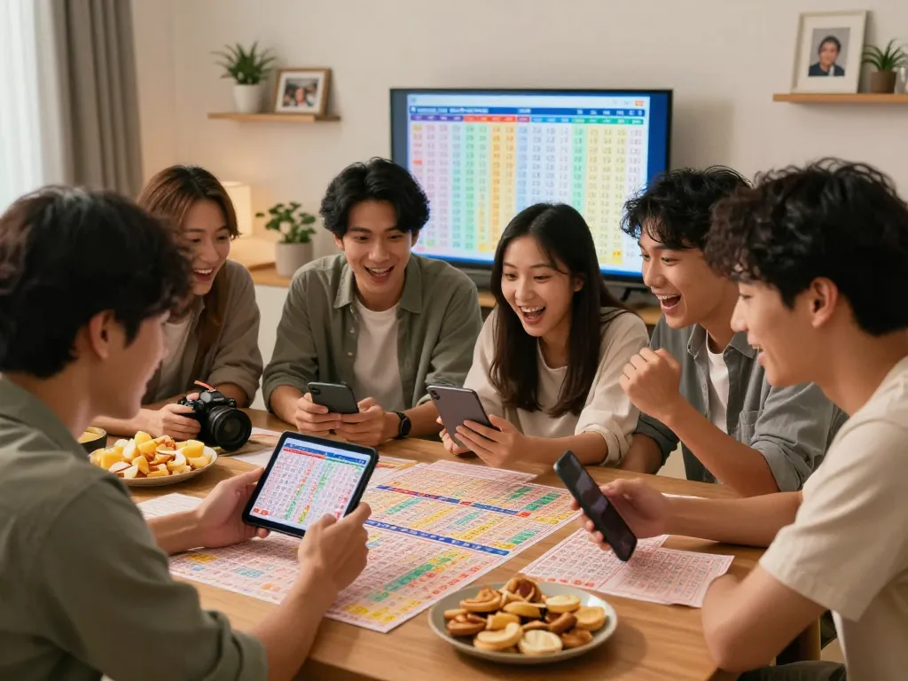 Sahabat dengan antusias memeriksa hasil lotere HK bersama sambil menikmati makanan ringan di suasana yang nyaman.