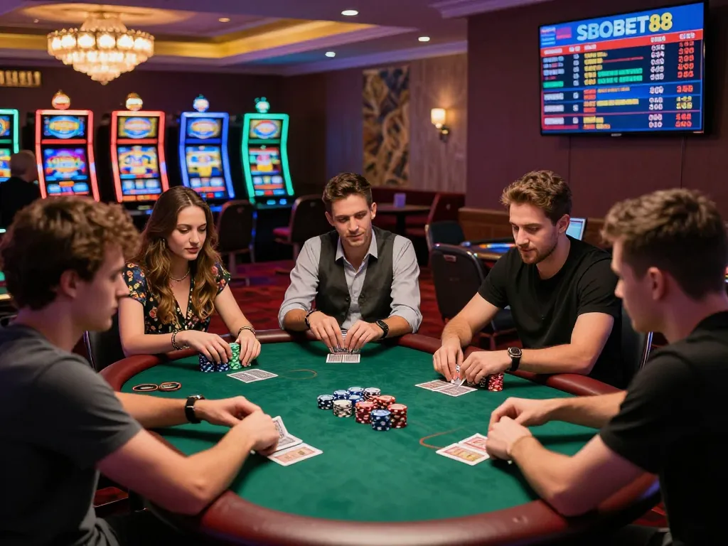 Friends enjoying a lively poker game while discussing SBOBET88 sports betting odds in a vibrant casino setting.