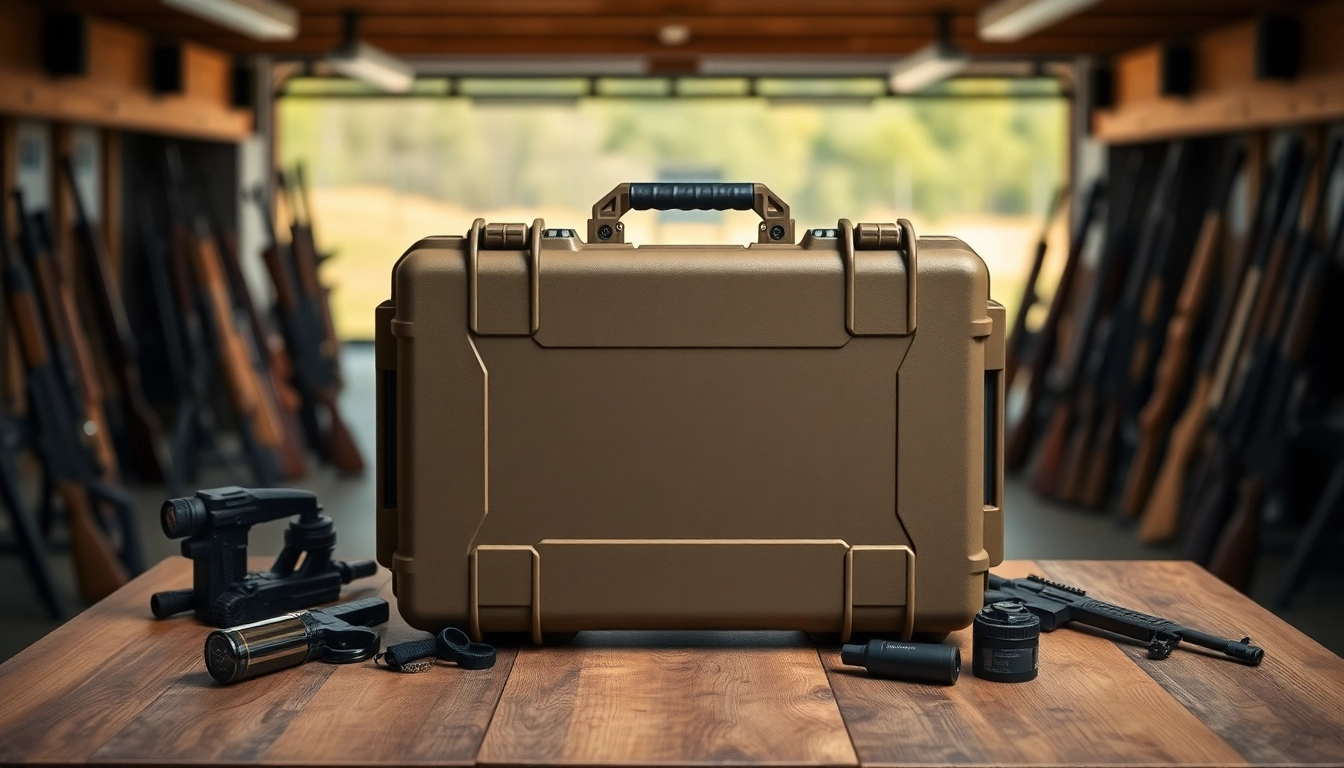 Showcase pelican gun case for sale with firearms and accessories on wooden table.