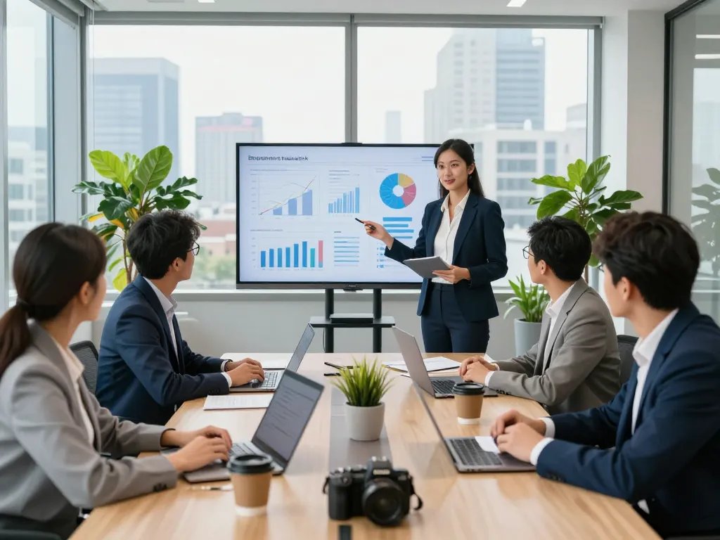 Dynamic meeting at a search firm showcasing a diverse team collaborating on executive search strategies.