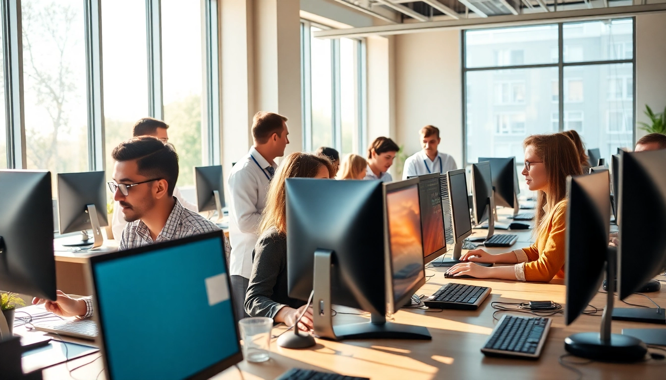 Dynamic team of IT specialists in an office, representing msp companies near me working collaboratively.