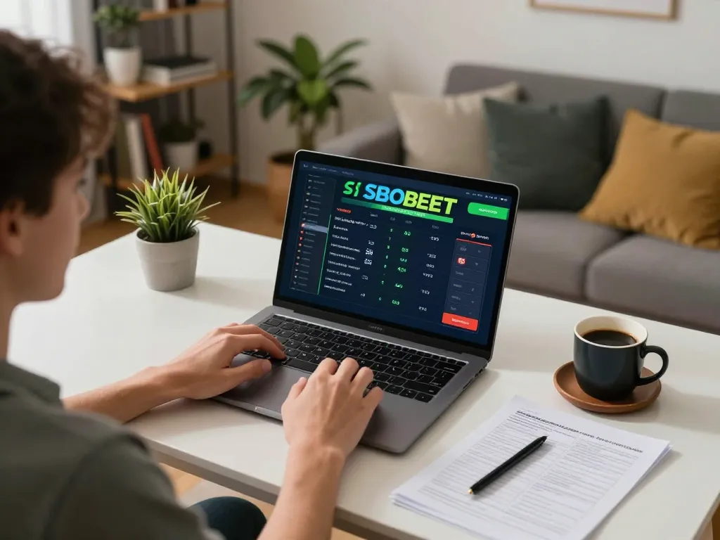 Antarmuka taruhan olahraga online SBOBET yang ditampilkan di laptop selama sesi permainan yang fokus di rumah.
