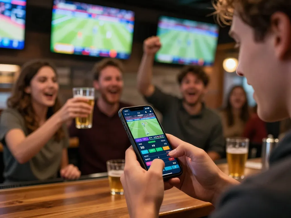 Kegembiraan taruhan olahraga SBOBET88 dengan pengguna yang terlibat menggunakan smartphone di pertandingan langsung.