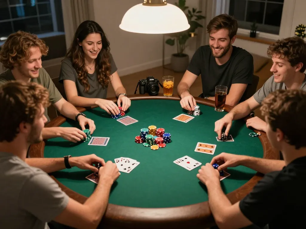 Friends engaged in an exciting poker game at home, showcasing mb66-t atmosphere of friendly competition and strategic gameplay