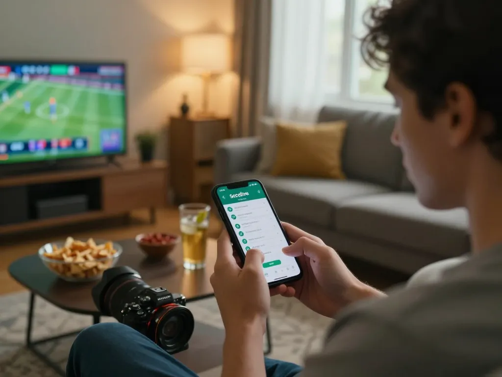 Socolive user engaged in live sports betting on smartphone in cozy living room