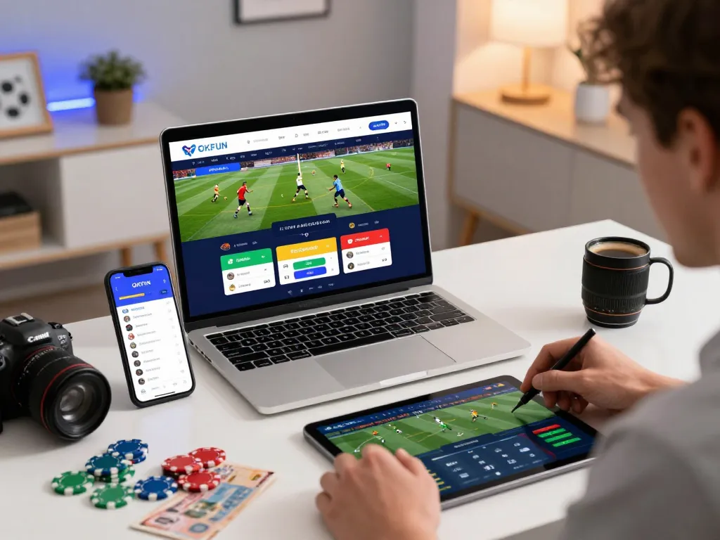 OKFUN user engaging with sports betting on laptop and smartphone in a modern home office.
