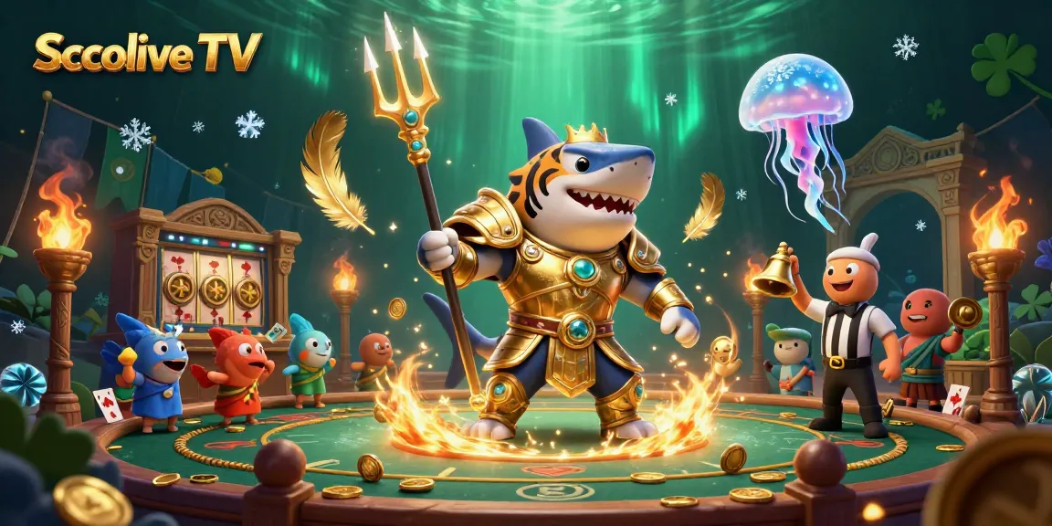 Socolive TV offers an exciting underwater gambling experience featuring a tiger shark in gladiator armor amidst vibrant casino elements.