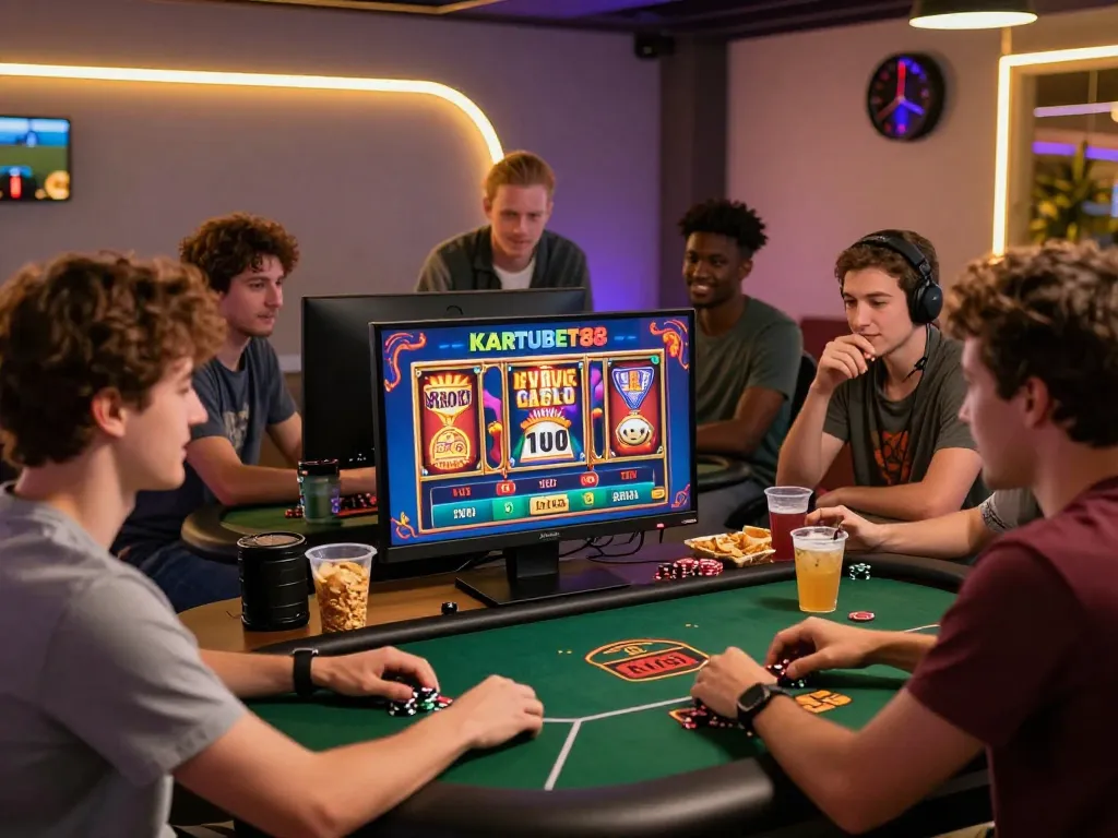 Kartubet88 gaming experience with diverse friends enjoying online casino games and snacks in a lively atmosphere.