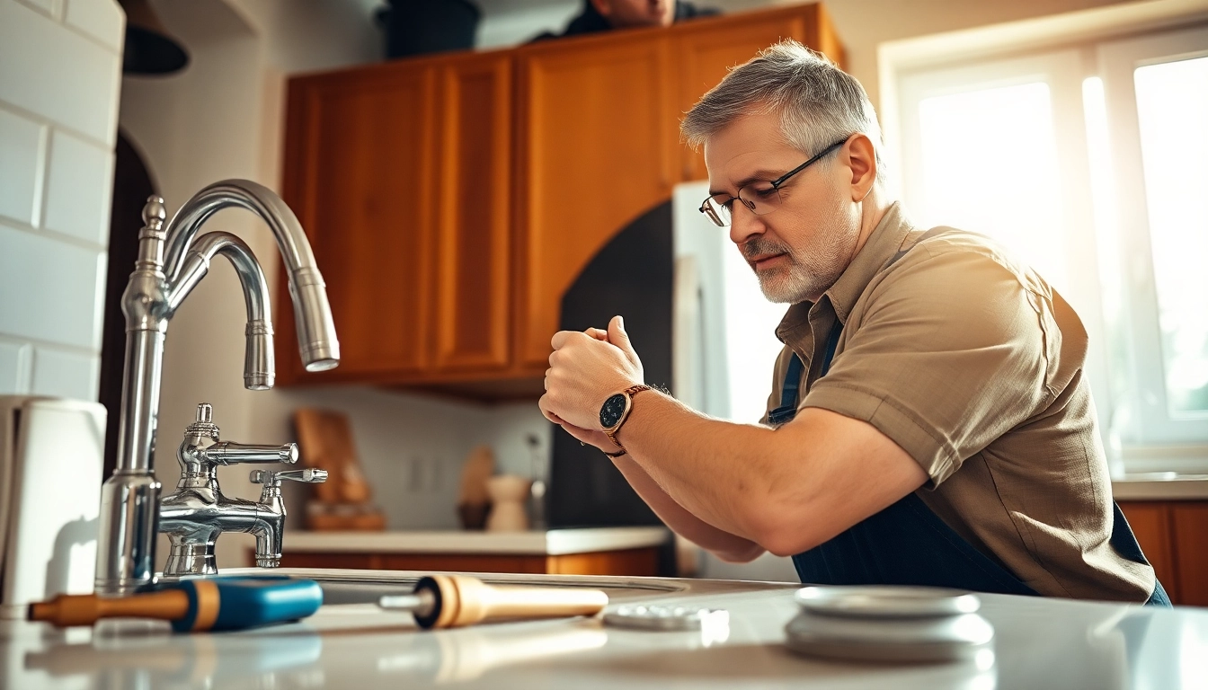 Plumber near me fixing pipes under a kitchen sink, showcasing quality service.