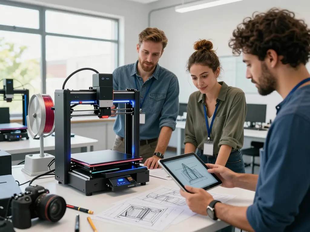 3D Printing professionals collaborating in an innovative workshop