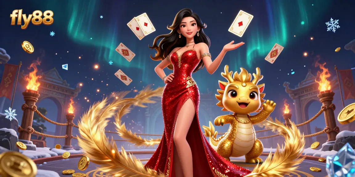 Win big with fly88 at the shimmering casino, showcasing vibrant games and a charming host.