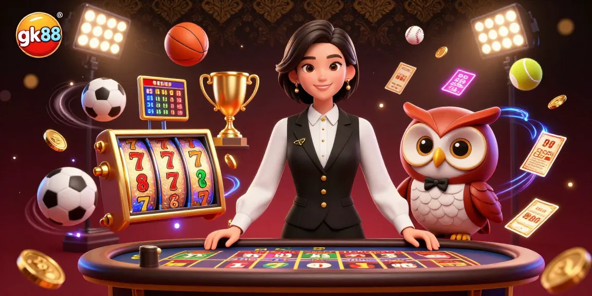 Experience the excitement of gk88 with vibrant 3D casino elements including baccarat tables and dynamic sports balls.