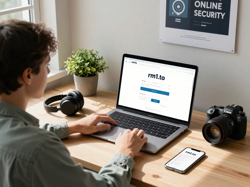 Secure user logging into rm1.to platform at modern workspace, emphasizing online safety.